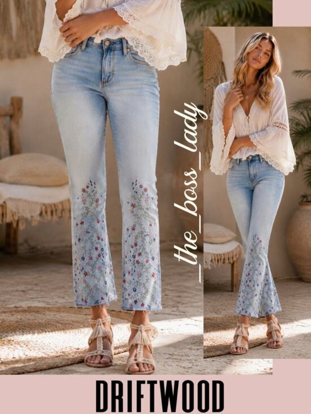 Driftwood embroidered jeans floral cropped boot cut stretchy denim pants boho 26